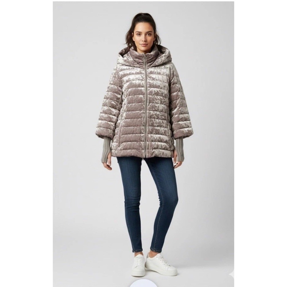 DKNY Sport Crushed Velvet Premium Down Jacket Puffer Hood Sz M Purple
